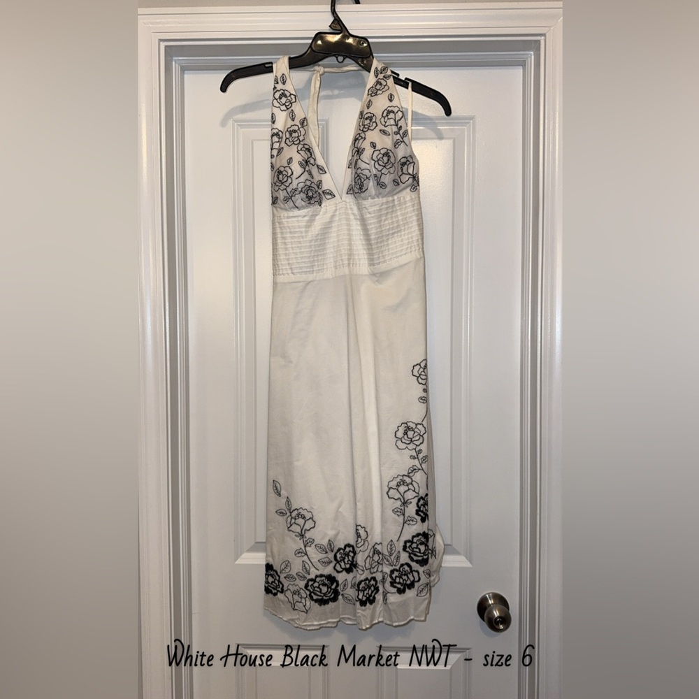 NWT White House Black Market Backless Dress with Black Floral Design